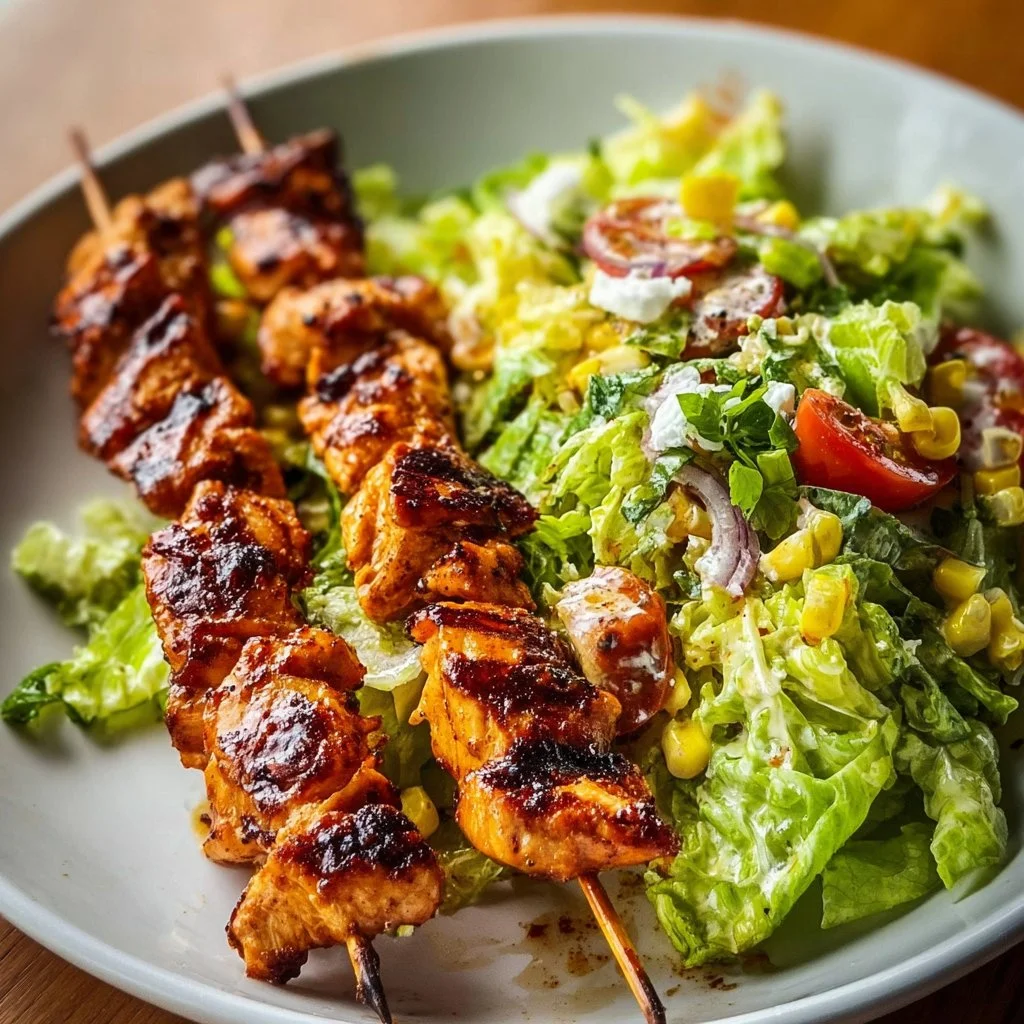 Grilled BBQ chicken skewer salad with fresh greens and vegetables