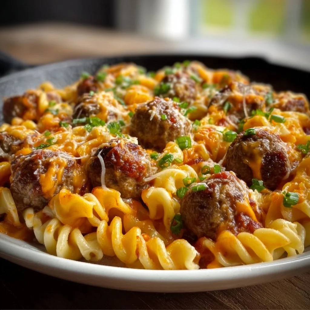 BBQ Ranch Meatball and Cheddar Pasta Skillet with colorful ingredients