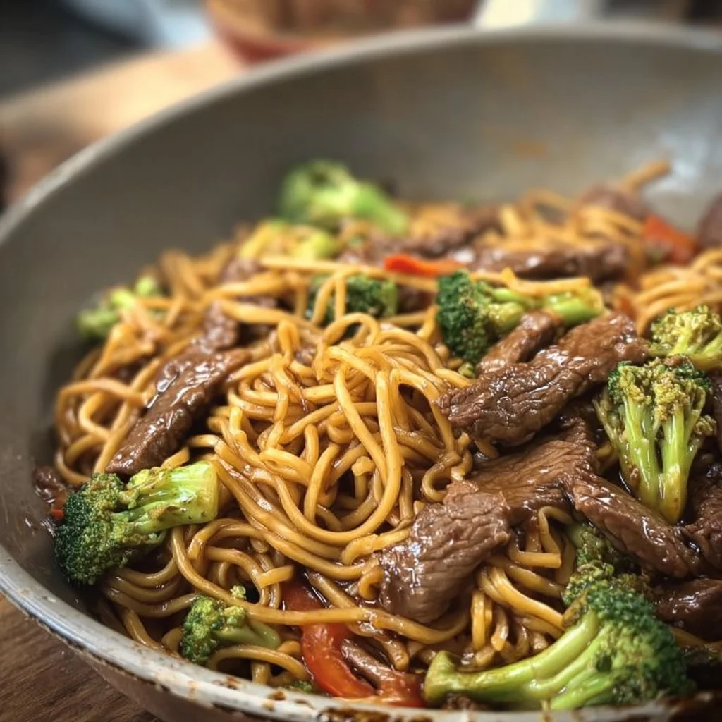 Delicious Beef and Broccoli Lo Mein Noodles served in a bowl