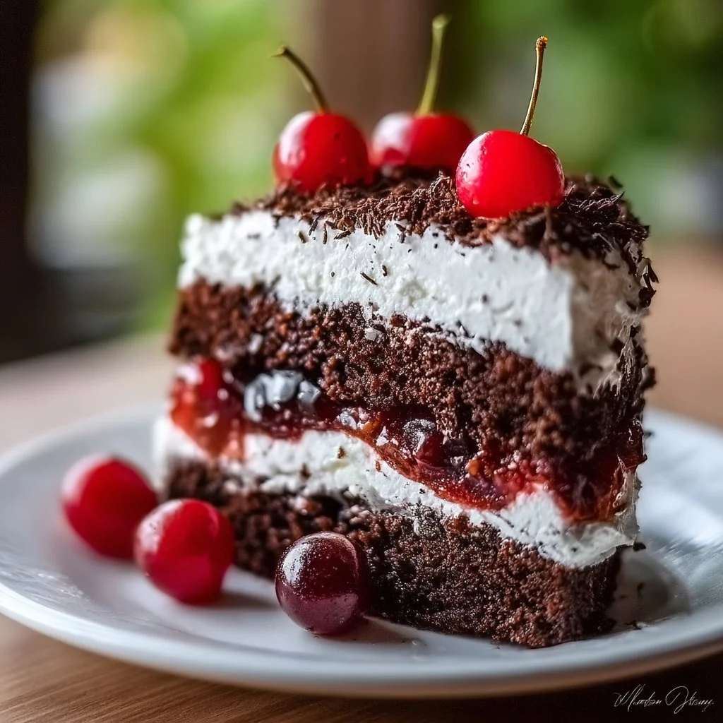 Delicious slice of Black Forest Cake with cherries and whipped cream topping