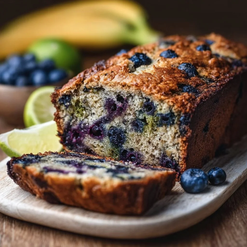 Slice of blueberry banana zucchini bread on a wooden cutting board.