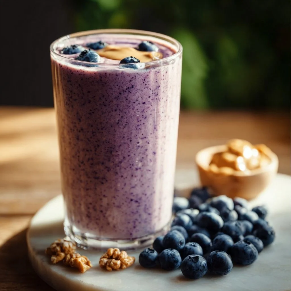 Blueberry peanut butter smoothie in a glass with fresh blueberries and a spoon