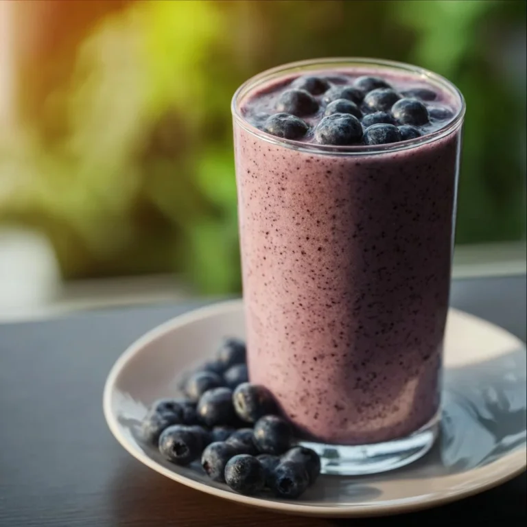 Delicious blueberry protein shake in a glass with fresh blueberries and protein powder