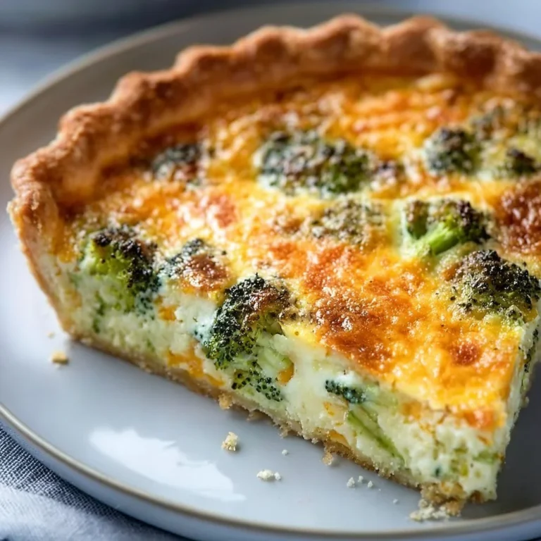 Broccoli cheese quiche with fresh broccoli and melted cheese in a flaky crust.