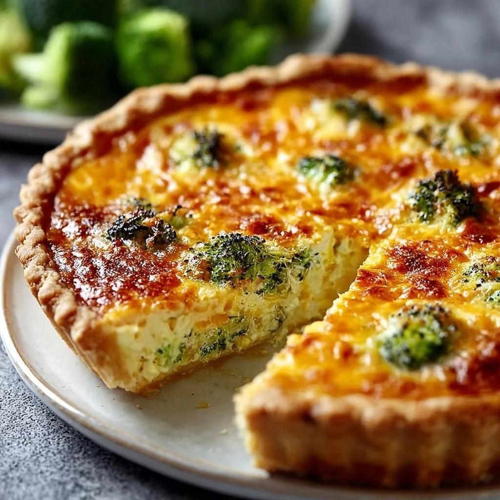 Delicious broccoli cheddar quiche served on a plate