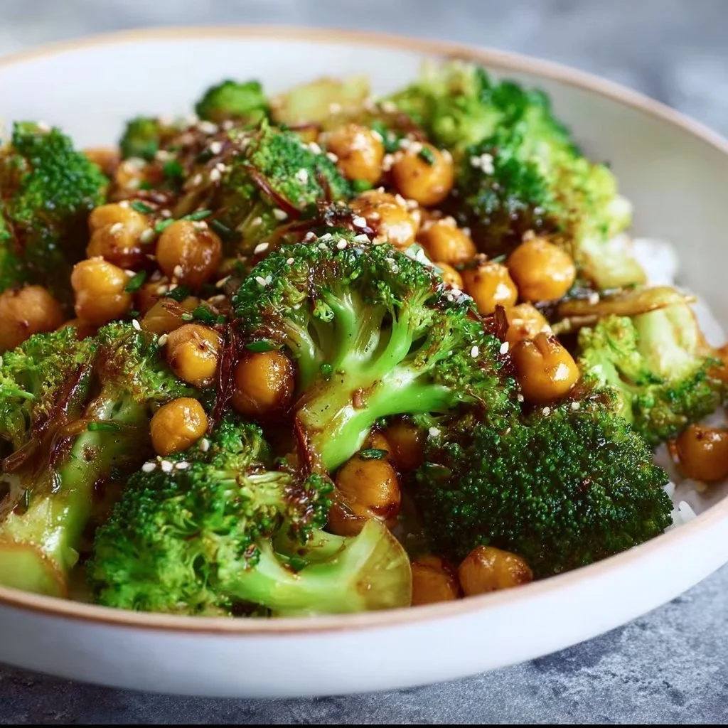Healthy broccoli stir fry with chickpeas in a colorful vegetable mix