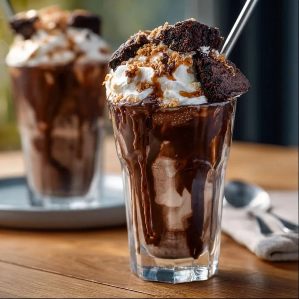 Delicious brownie milkshake topped with chocolate syrup and whipped cream