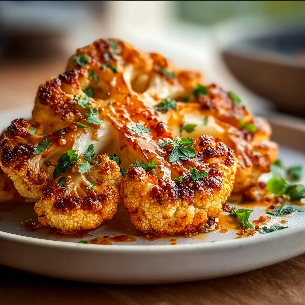 Delicious Buffalo Cauliflower Steak garnished with fresh herbs