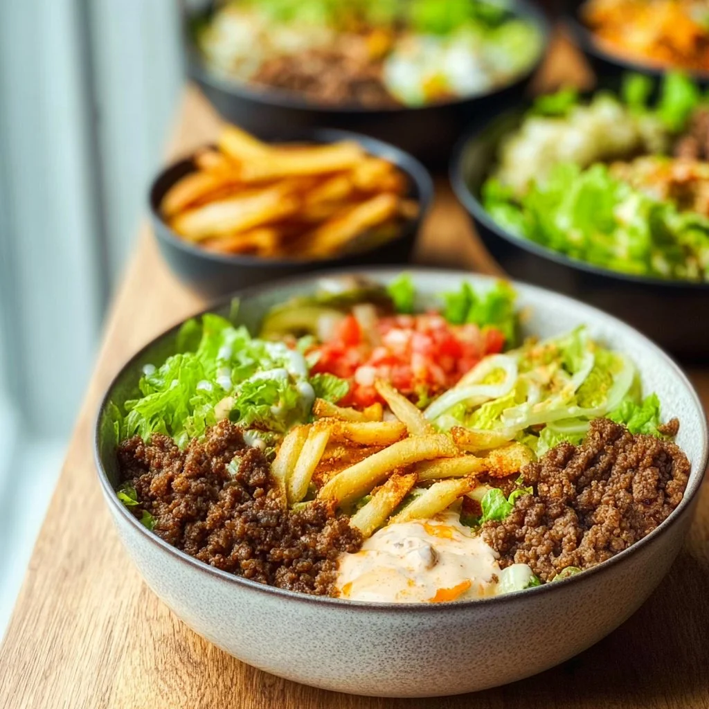 A colorful and appetizing burger bowl filled with fresh vegetables and grilled meat.