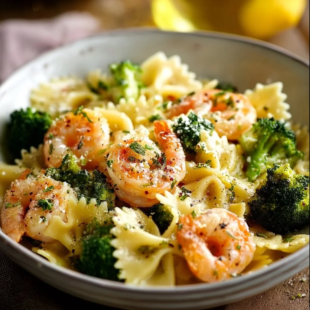 Butterfly pasta dish with shrimp and broccoli, garnished and plated.