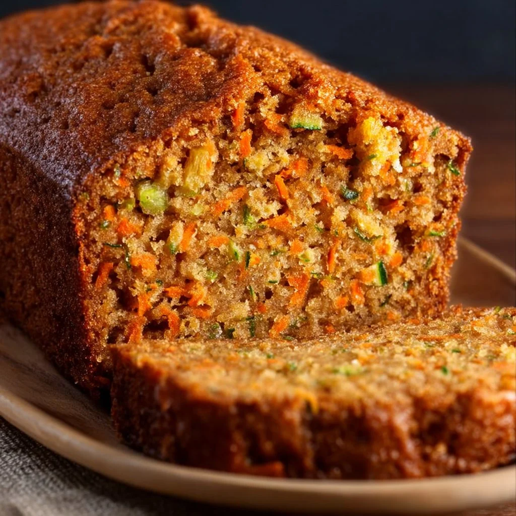 Slice of moist Carrot Apple Zucchini Bread on a wooden board