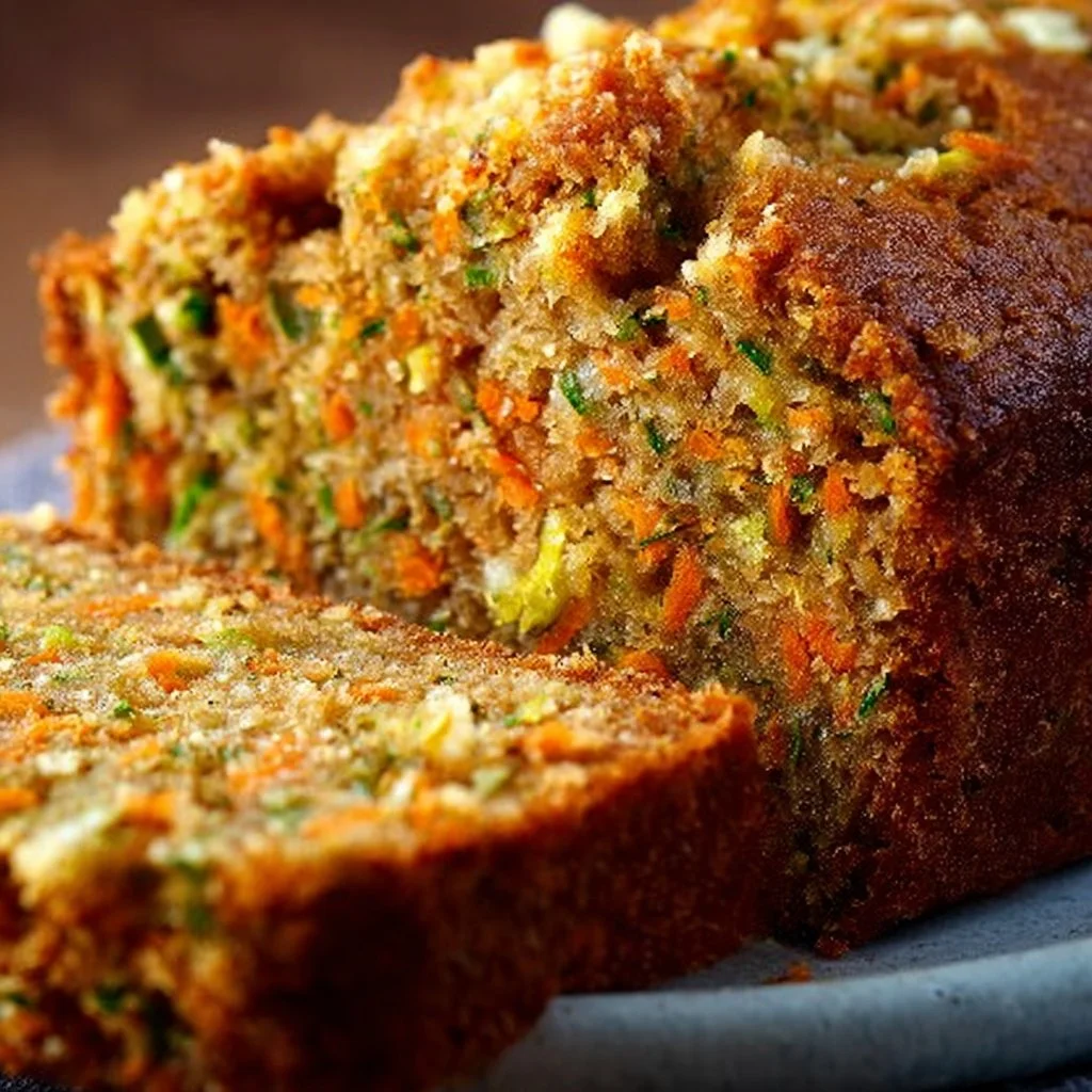 Delicious homemade Carrot Apple Zucchini Bread loaf, baked and sliced.
