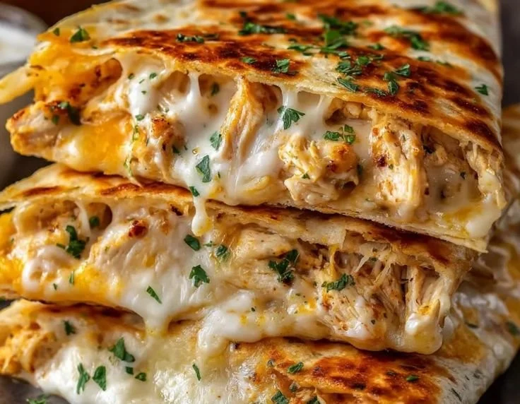 Cheesy garlic chicken wraps recipe with melted cheese and garlic flavor.