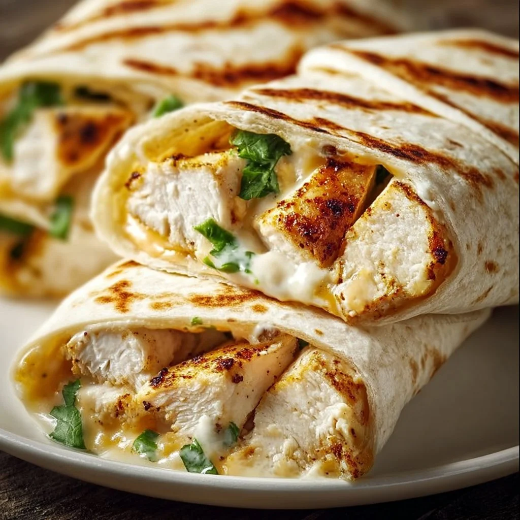 Cheesy garlic chicken wraps with fresh ingredients wrapped in a tortilla.