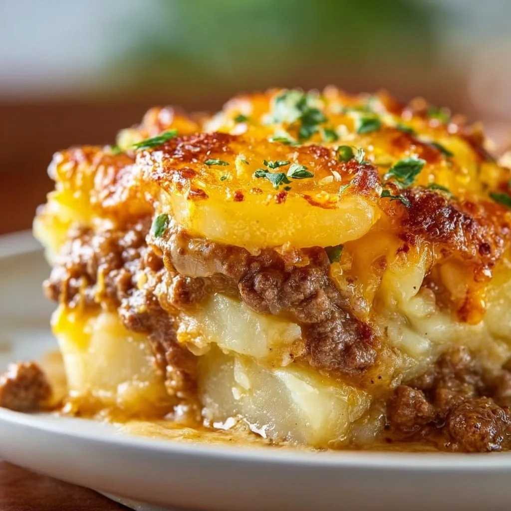 Cheesy hamburger potato casserole in a baking dish, topped with melted cheese.