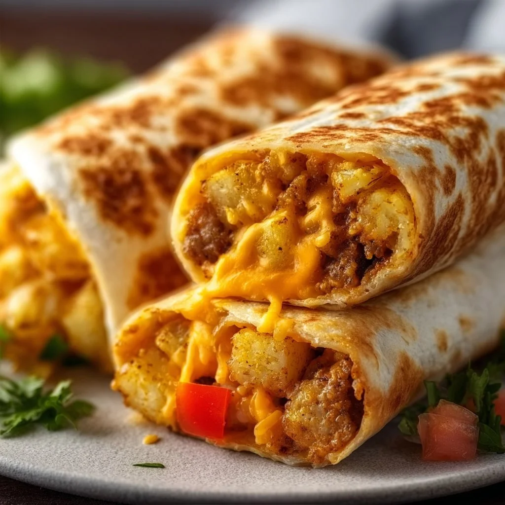 Cheesy potato burritos topped with melted cheese and fresh ingredients