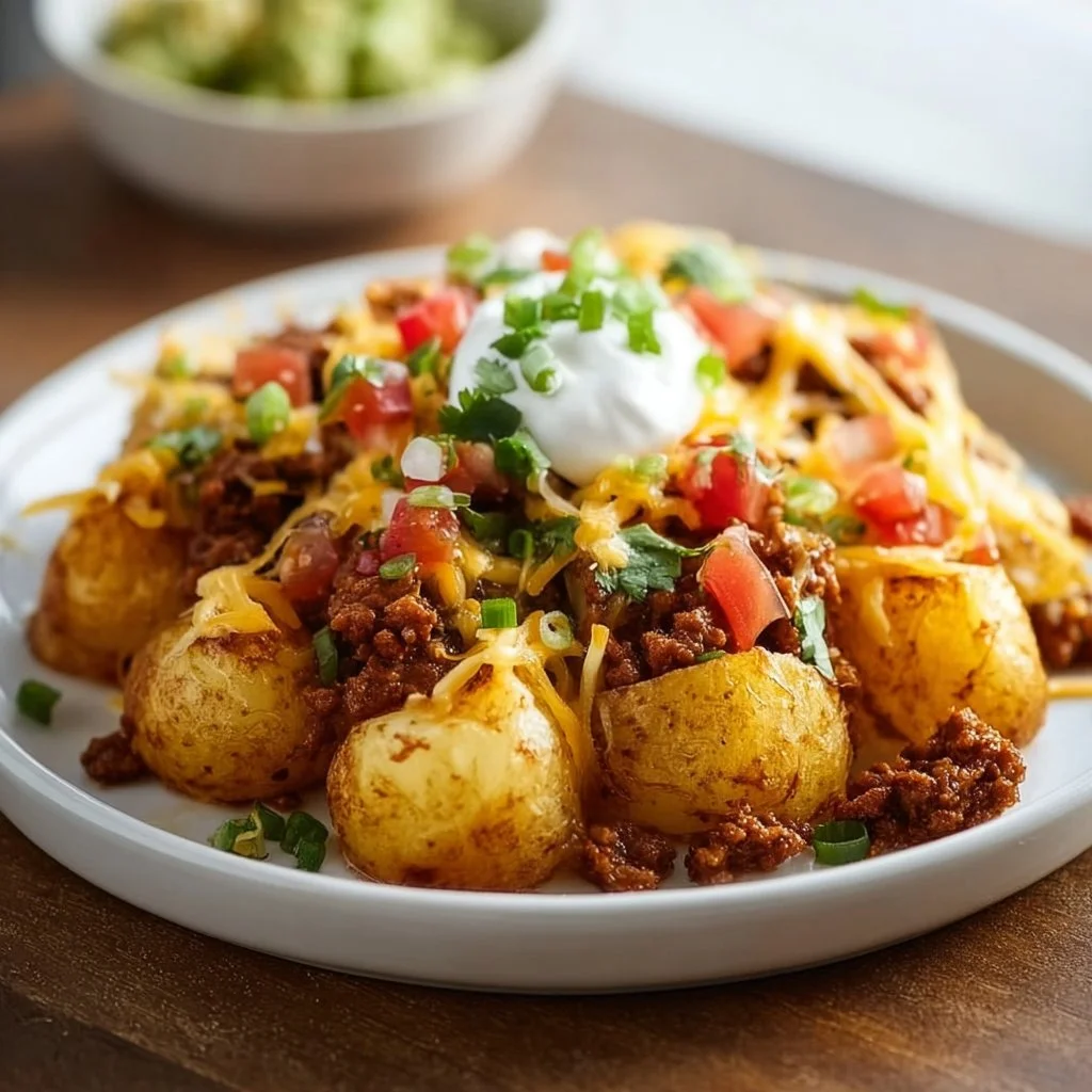 Cheesy Taco Potatoes dish topped with cheese and seasoned beef