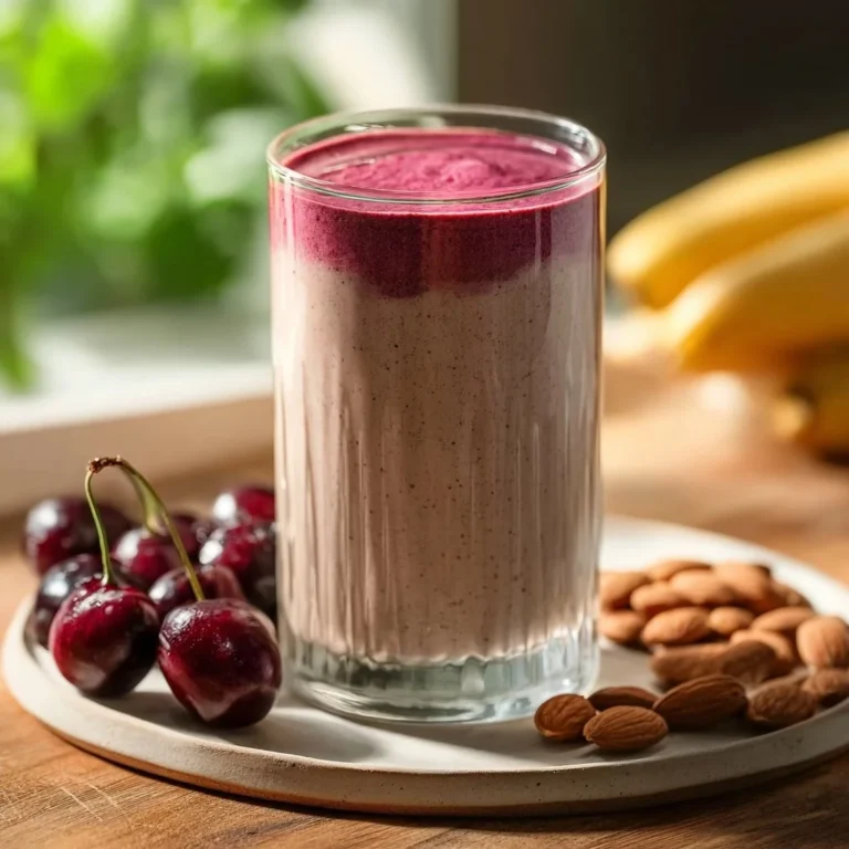 Cherry Almond Paleo Smoothie in a glass with fresh cherries and almonds