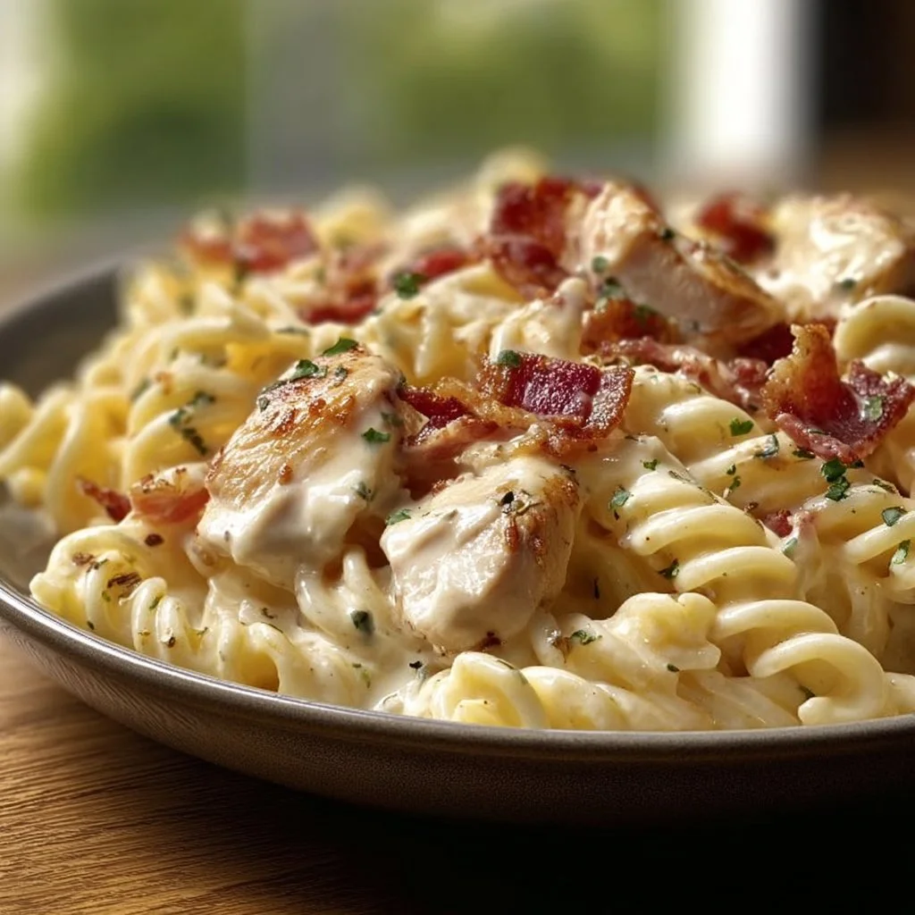 Bowl of Chicken Bacon Ranch Pasta topped with crispy bacon and herbs