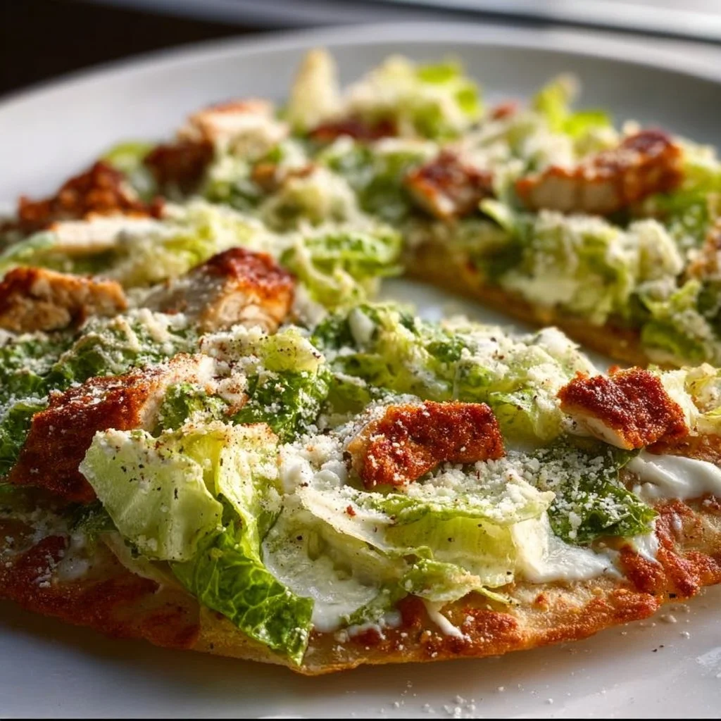 Delicious Chicken Caesar Salad Pizza topped with romaine, chicken, and Caesar dressing