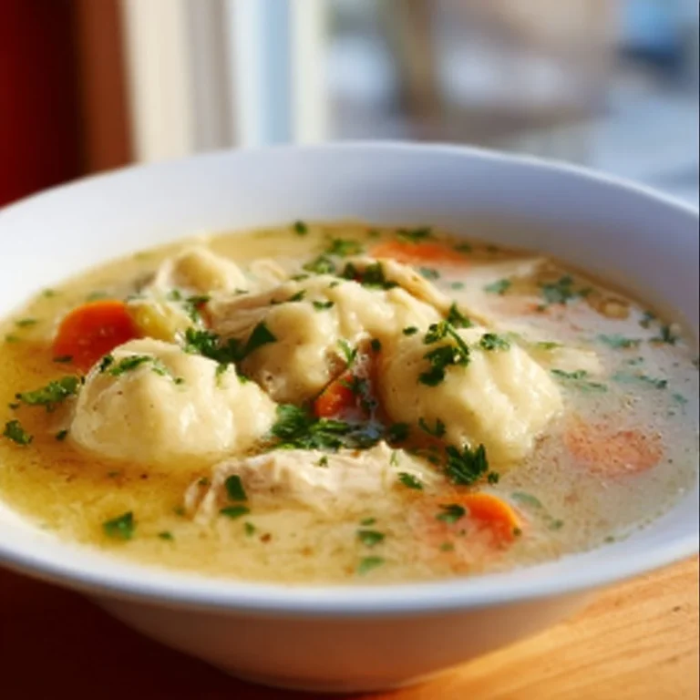 Bowl of Chicken Dumpling Soup with fluffy dumplings and fresh herbs