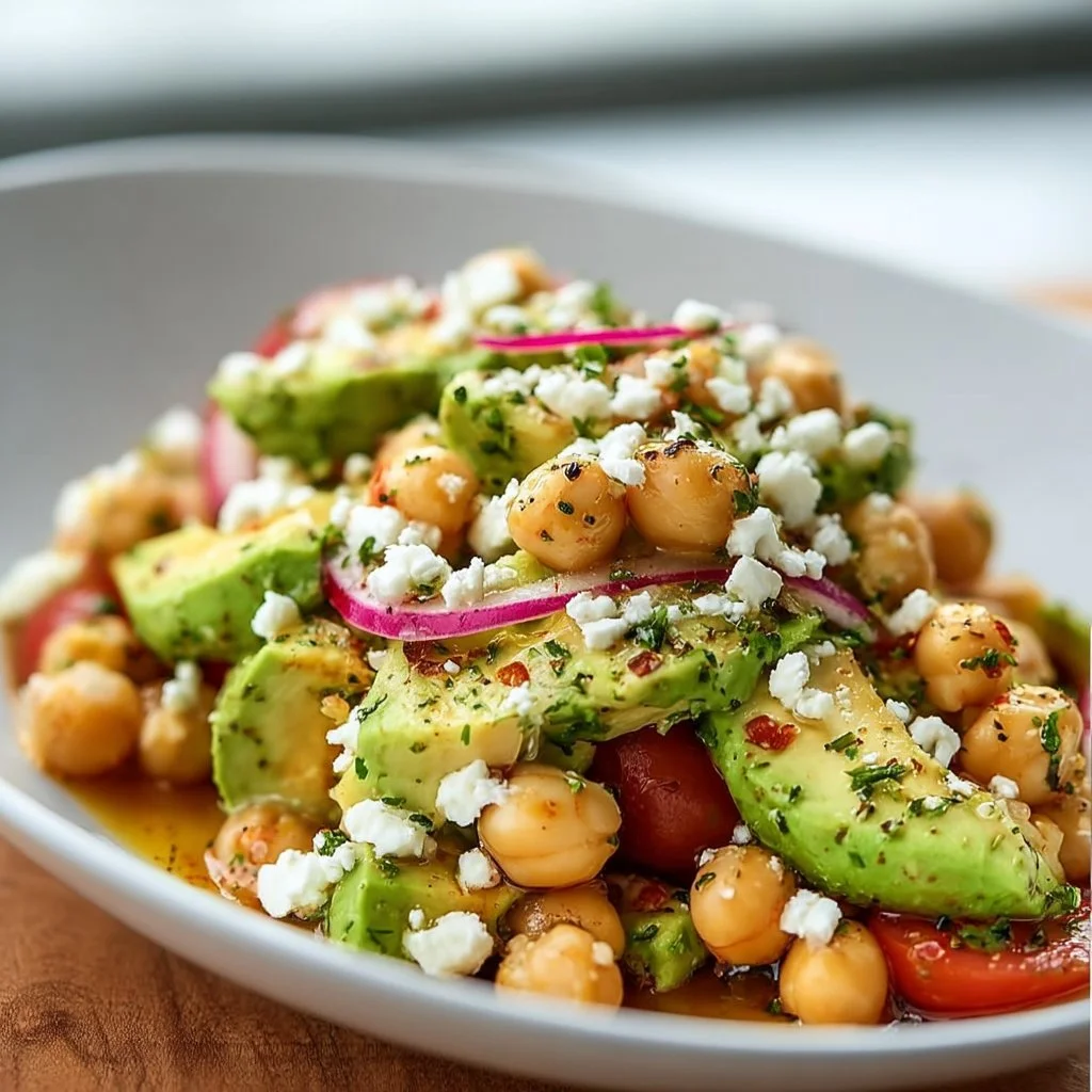 Chickpea Feta Avocado Salad with fresh ingredients and vibrant colors