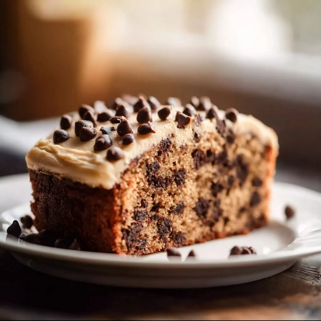 Delicious homemade Chocolate Chip Cake with chocolate chips on top