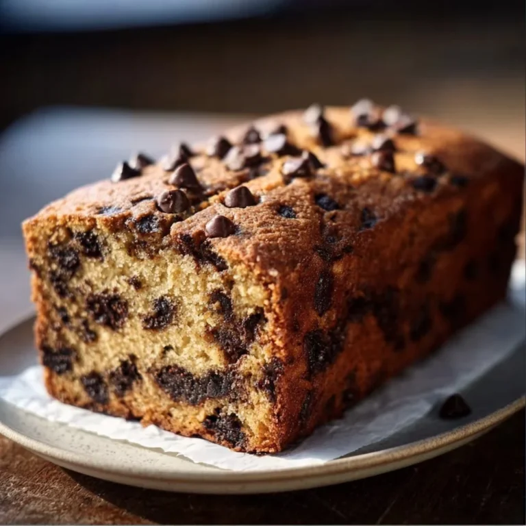 Freshly baked chocolate chip loaf cake slice with chocolate chips on top