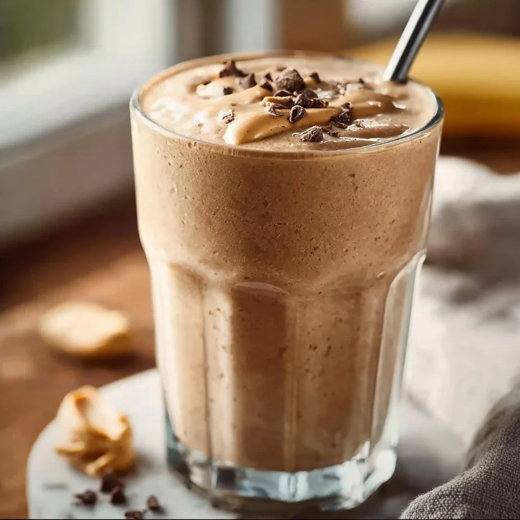 Chocolate Peanut Butter Protein Shake in a glass with a straw