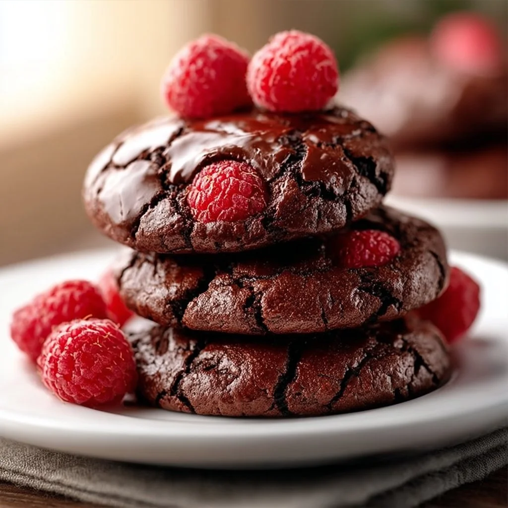 Decadent chocolate raspberry fudgy cookies on a rustic wooden table.