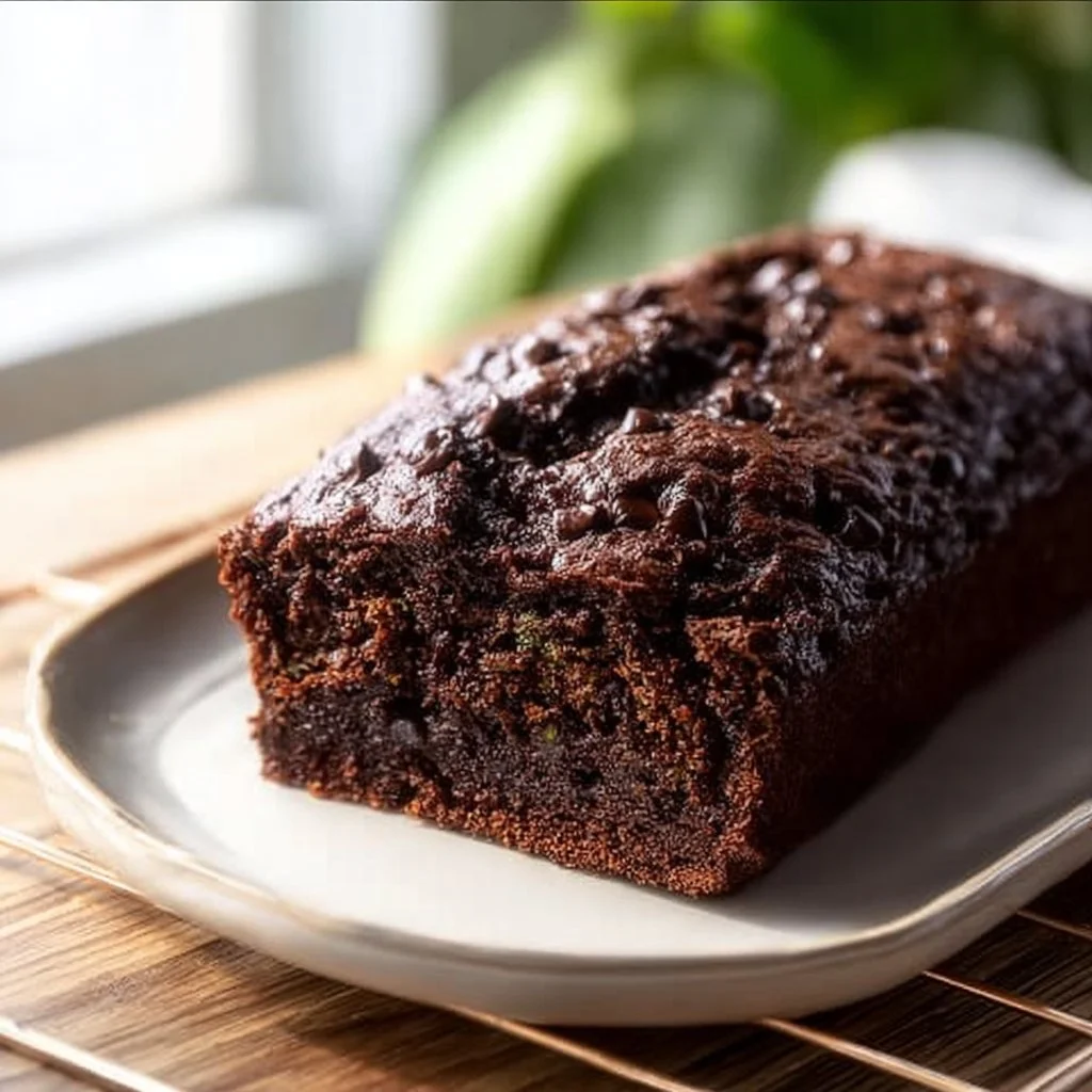 Sliced chocolate zucchini bread on a wooden board