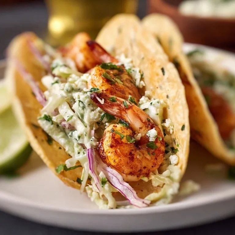 Cilantro lime shrimp tacos topped with creamy slaw, served on a plate