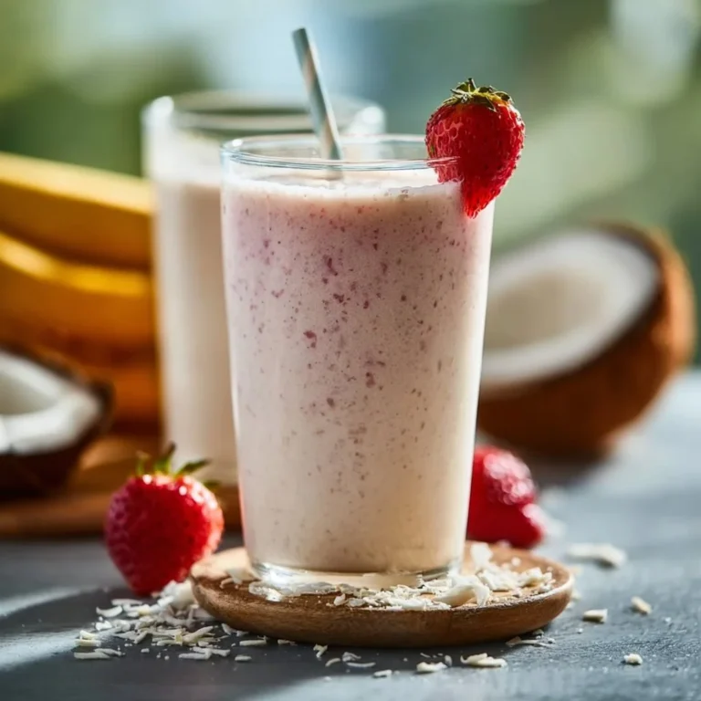 Delicious coconut milk smoothie topped with fresh fruits and coconut flakes