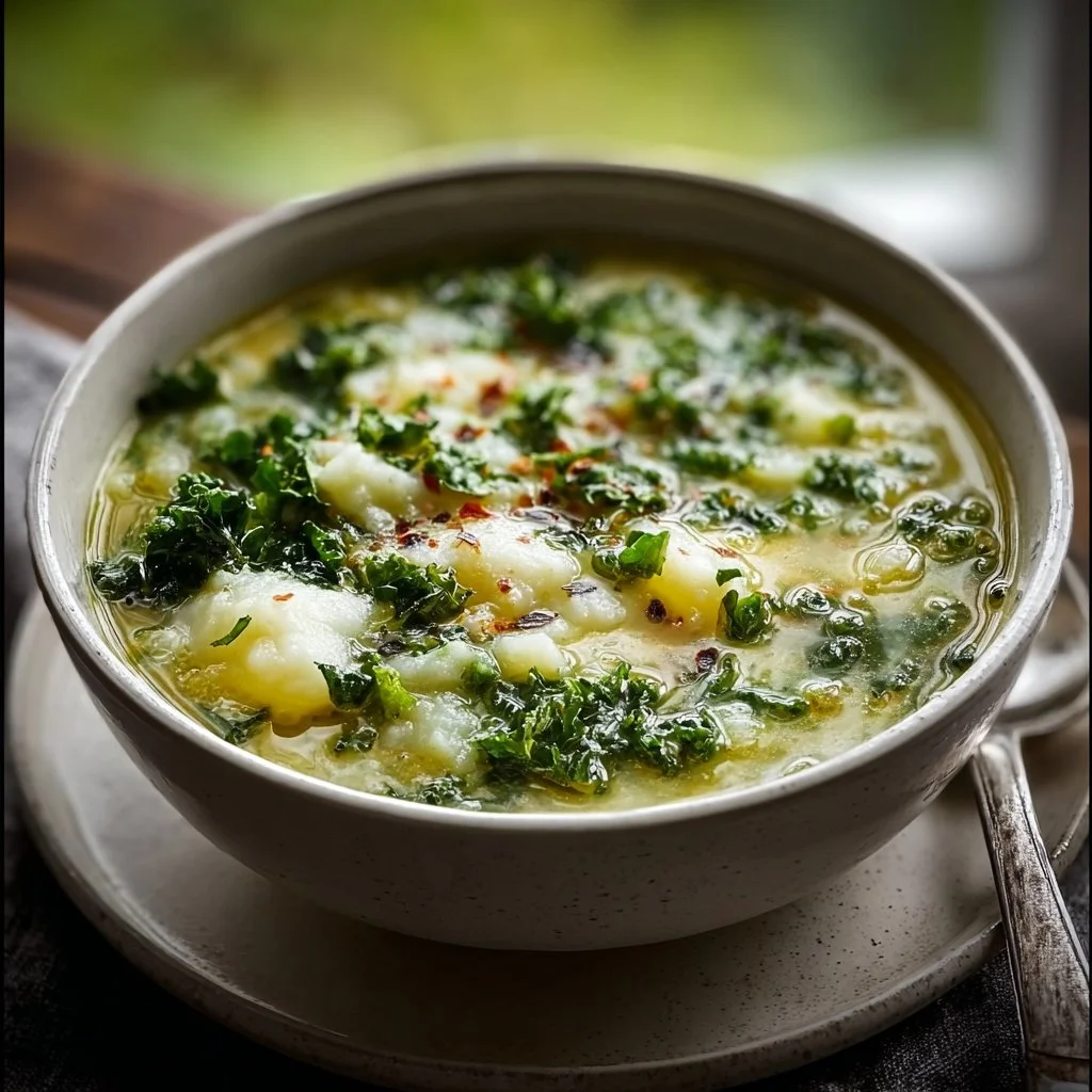 A bowl of creamy Colcannon Soup with potatoes and greens
