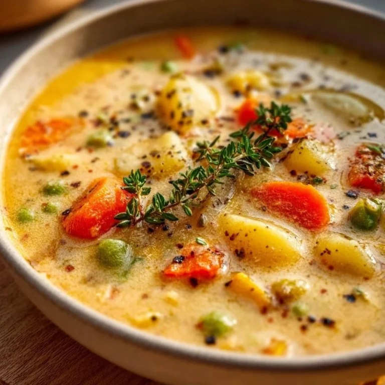 Bowl of comforting one-pot creamy vegetable soup with fresh vegetables