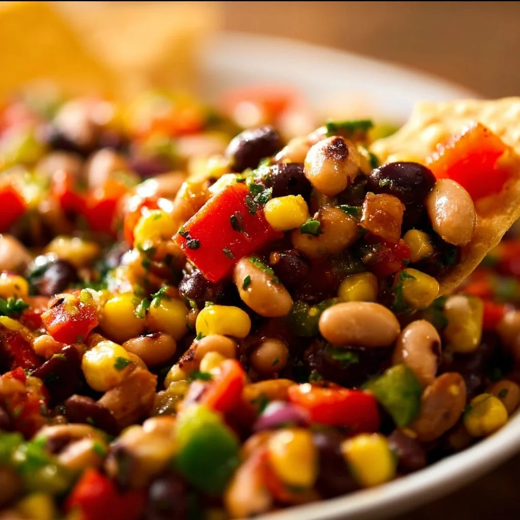 Colorful bowl of Cowboy Caviar with black beans, corn, and vegetables