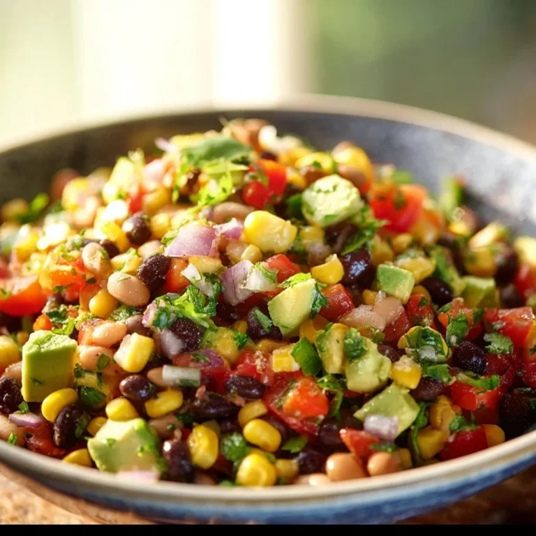 Colorful Cowboy Caviar served in a bowl, featuring beans, corn, and vegetables.