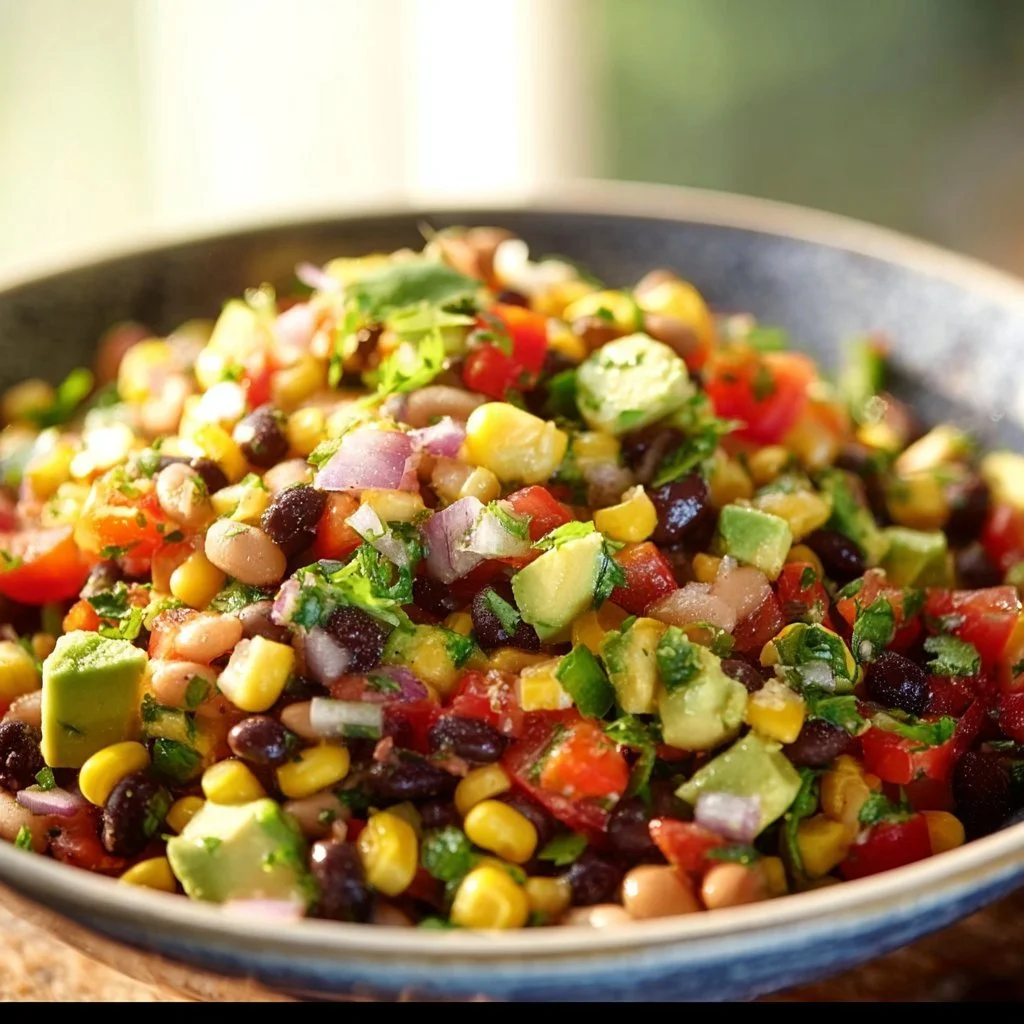 Colorful Cowboy Caviar served in a bowl, featuring beans, corn, and vegetables.