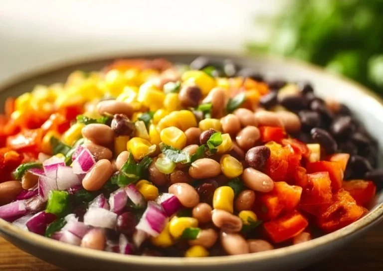 Delicious Cowboy Caviar salad with black beans, corn, and colorful vegetables