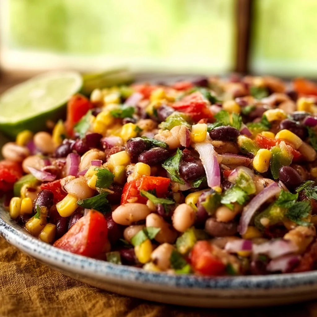 A bowl of homemade Cowboy Caviar featuring black beans, corn, and fresh vegetables.