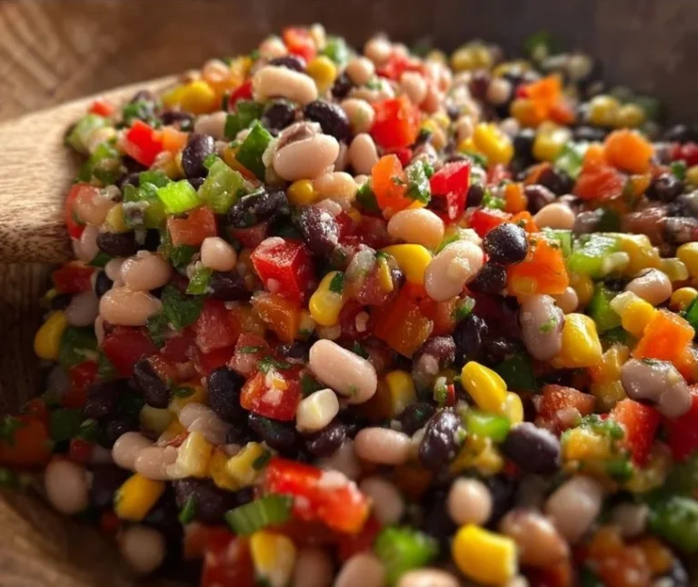 Colorful bowl of Cowboy Caviar with beans, vegetables, and lime dressing