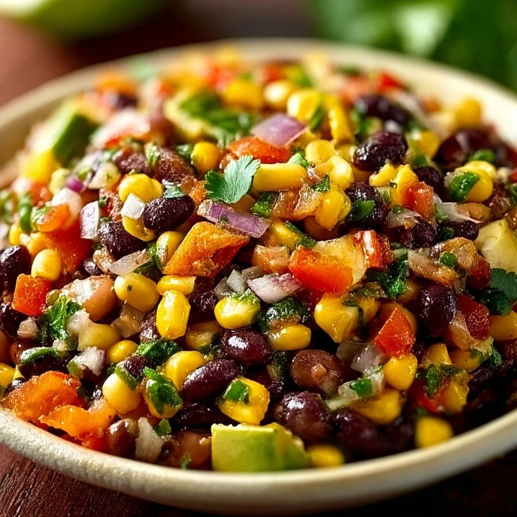 A bowl of colorful Cowboy Caviar dip with beans, peppers, and corn