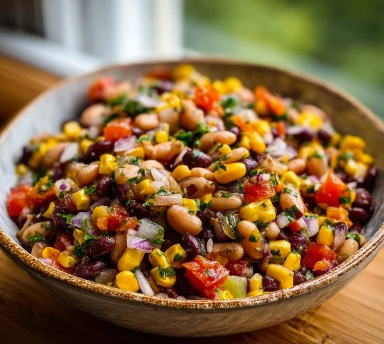 Colorful Cowboy Caviar dip with beans, corn, and veggies in a bowl.