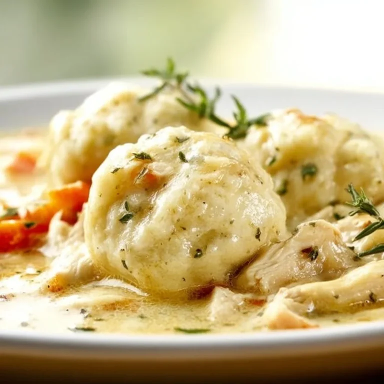 Bowl of comforting chicken and dumplings served with herbs and spices
