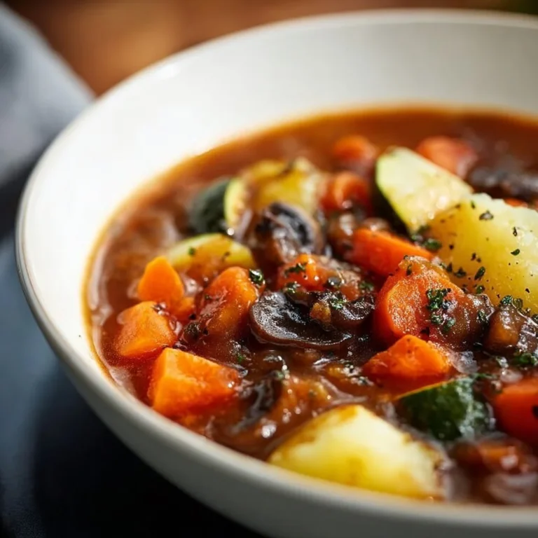 A hearty bowl of vegetarian stew filled with colorful vegetables and fresh herbs.
