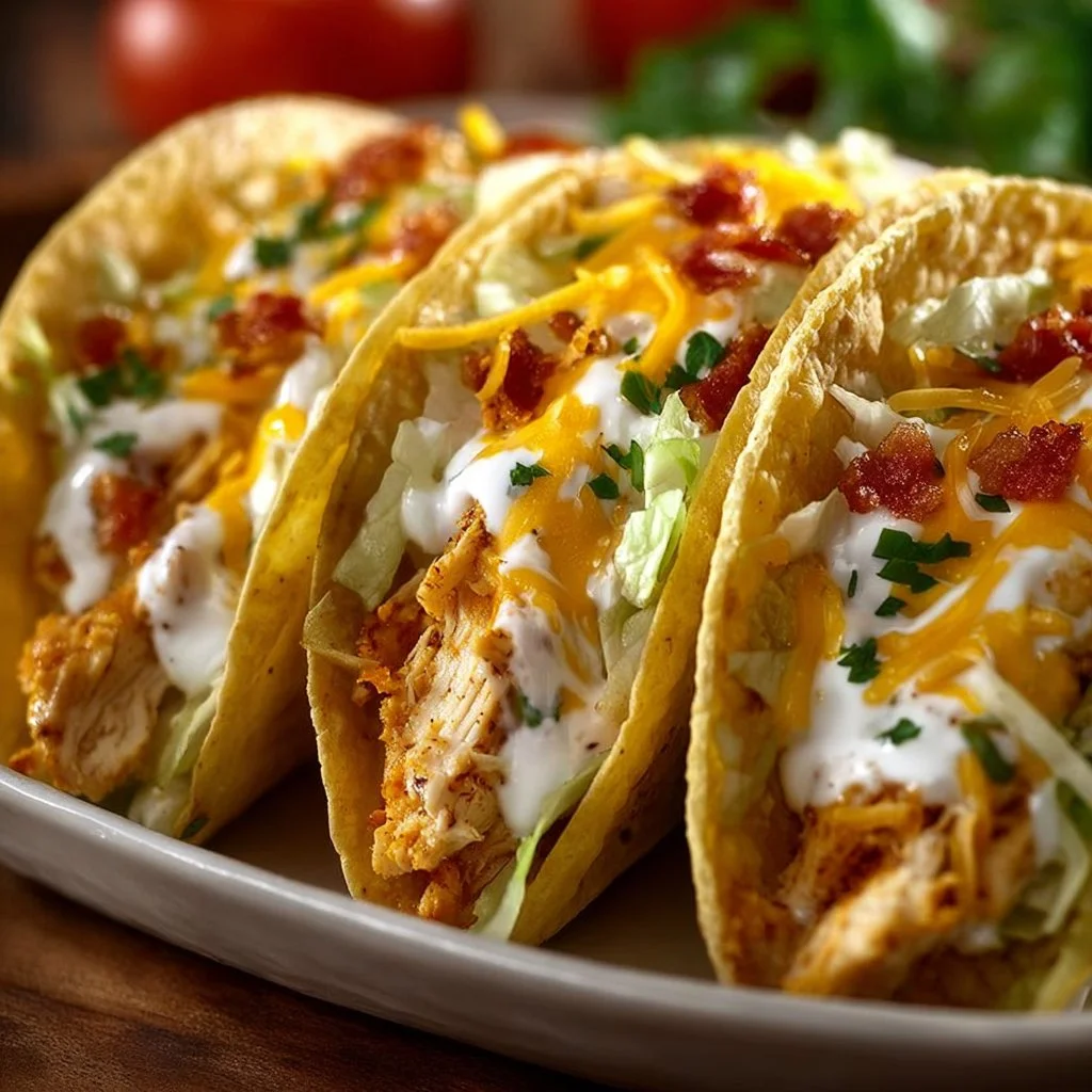 Plate of creamy cheddar ranch chicken tacos topped with fresh ingredients