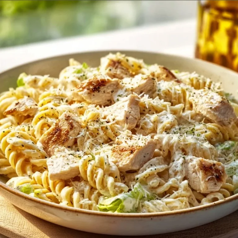 Delicious creamy chicken pasta served in a bowl with herbs and cheese on top.