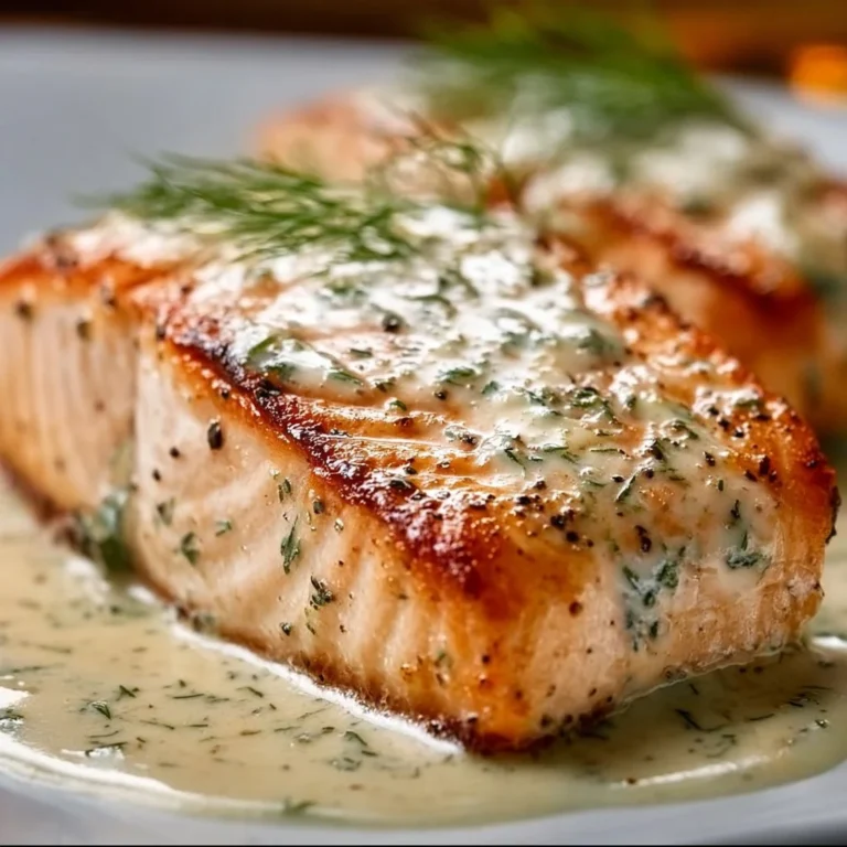 Creamy dill salmon garnished with fresh herbs