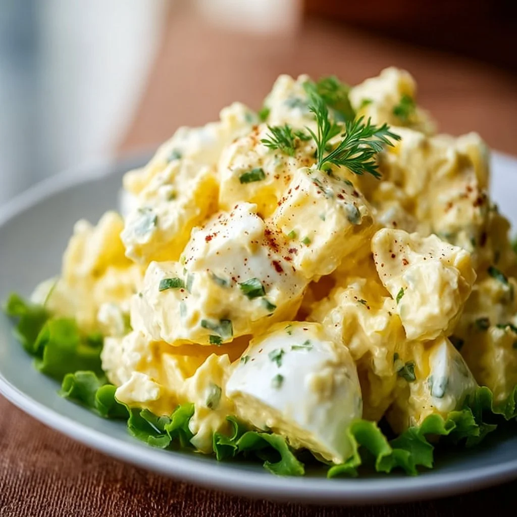 Creamy egg salad served in a bowl with fresh herbs and spices