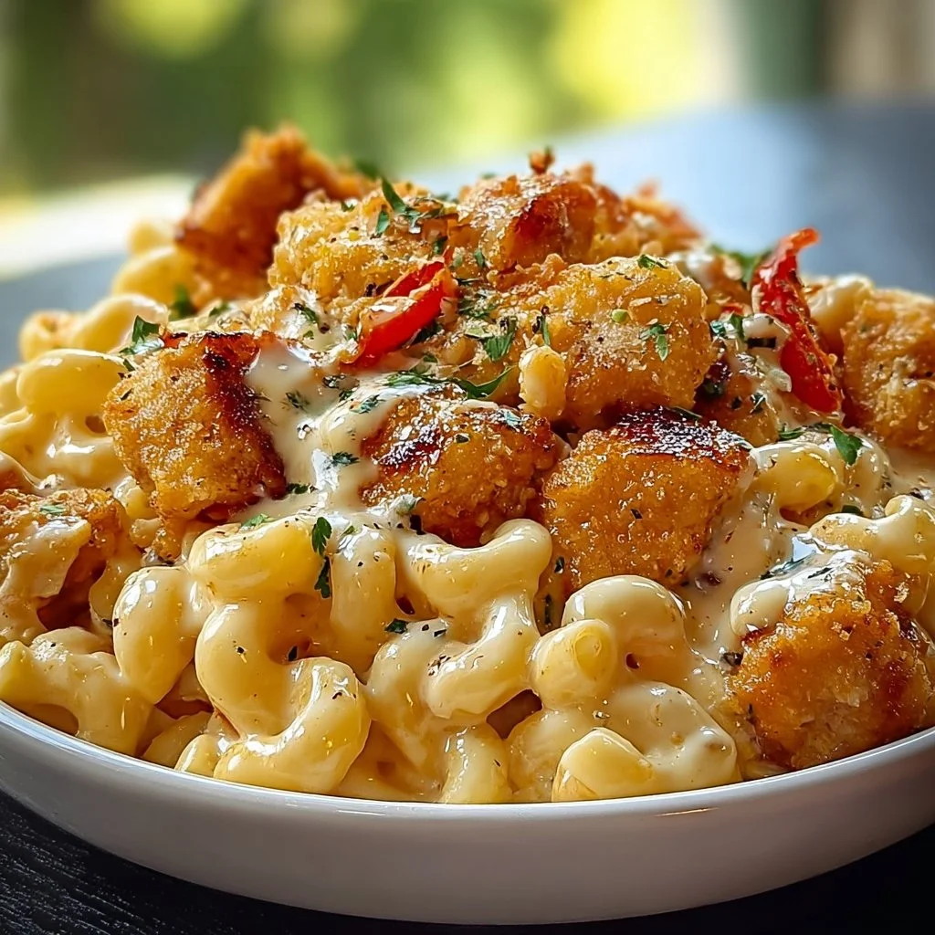 Creamy Honey Pepper Chicken Mac and Cheese served in a bowl